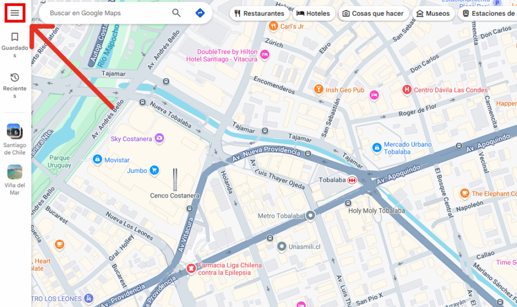 Captura de pantalla mostrando el paso dos: hacer clic en menú principal de Google Maps