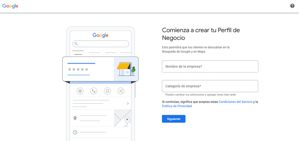Captura de pantalla del formulario de Google para ingresar datos y crear tu perfil de negocio
